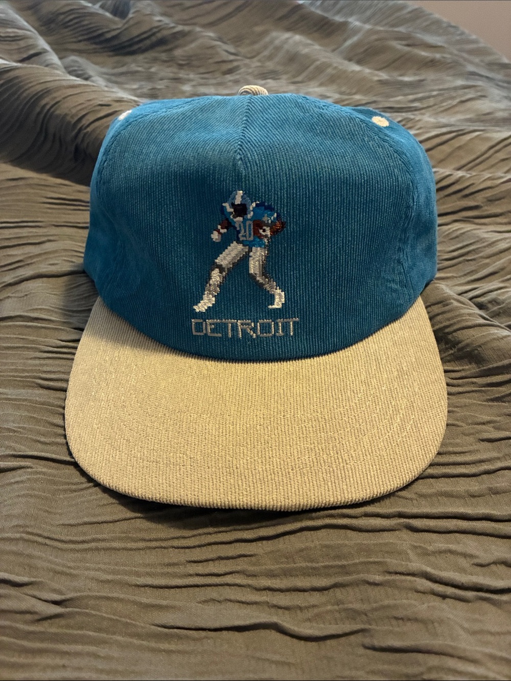 Detroit Embroidered Football Corduroy Hat - Blue and Beige